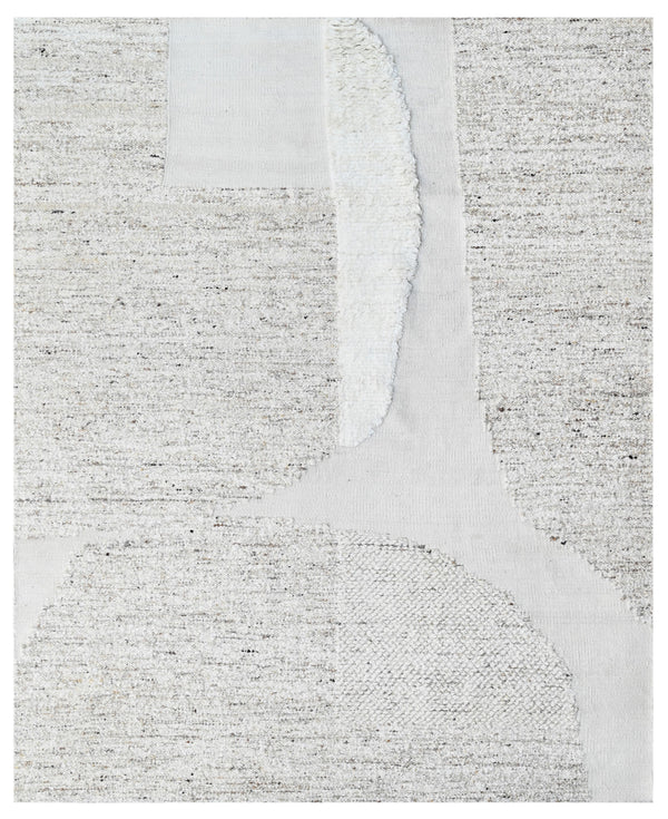 Cream White Abstract Shapes Hand Woven Handcarded Wool Rug
