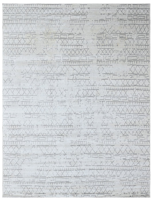 White Silver Tribal Geometric Hand Woven Wool Silk Rug