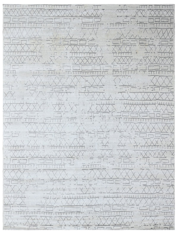 White Silver Tribal Geometric Hand Woven Wool Silk Rug