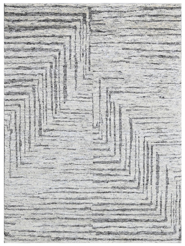 Light Grey Hand Knotted Wool Silk Geometric Rug