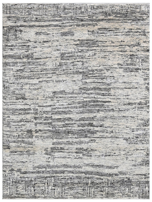 Light Grey Hand Knotted Wool Silk Abstract Striated Rug
