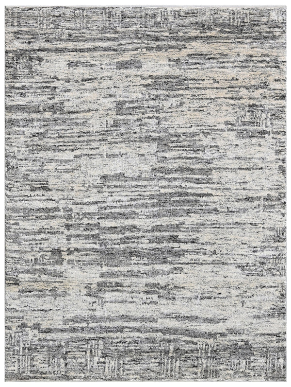Light Grey Hand Knotted Wool Silk Abstract Striated Rug