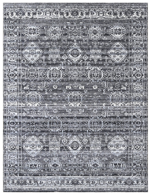 Charcoal Black Distressed Traditional Wool Rug