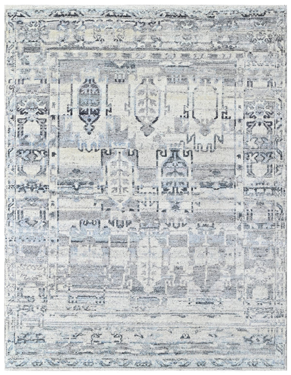 Ivory Silver Hand Knotted Distressed Oushak Rug