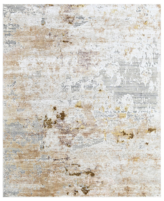 Abstract Beige Rust Area Rug – Hand Knotted Wool & Bamboo Silk Modern Carpet