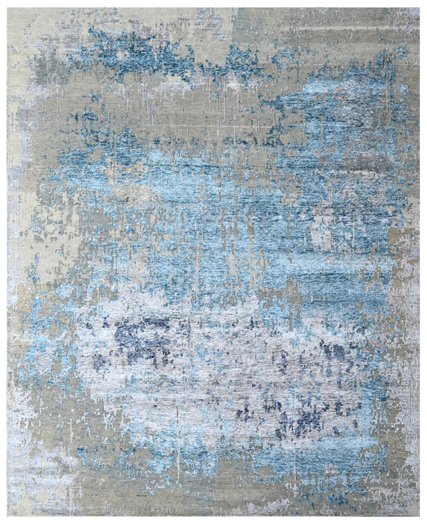 Aqua Mist Silver Abstract Hand Knotted Rug