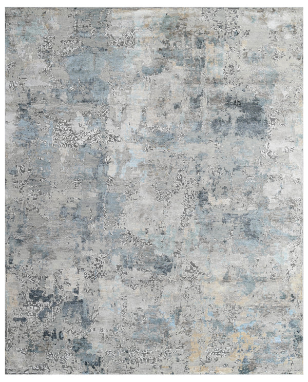 Grey Blue Distressed Abstract Hand Knotted Rug