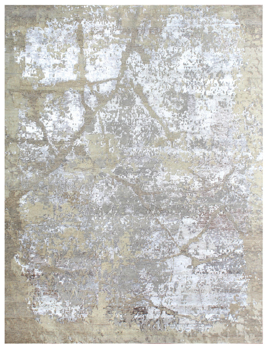Ivory Taupe Abstract Hand Knotted Wool & Bamboo Silk Rug
