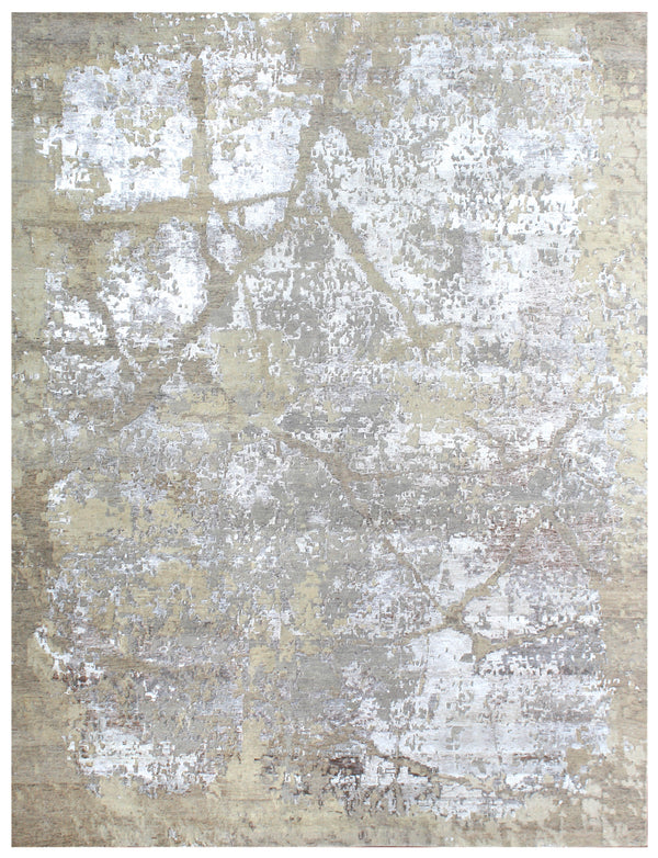 Ivory Taupe Abstract Hand Knotted Wool & Bamboo Silk Rug