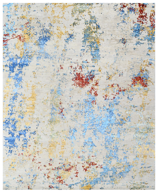 Ivory Blue Modern Abstract Hand Knotted Rug