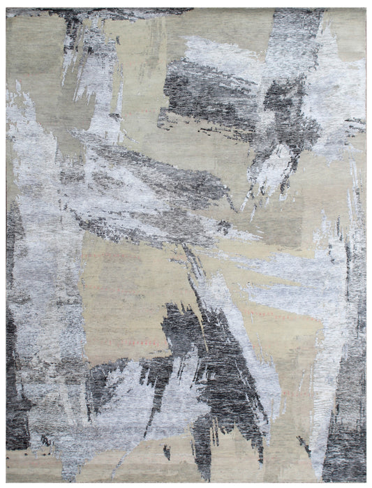 Grey Charcoal Abstract Hand Knotted Rug