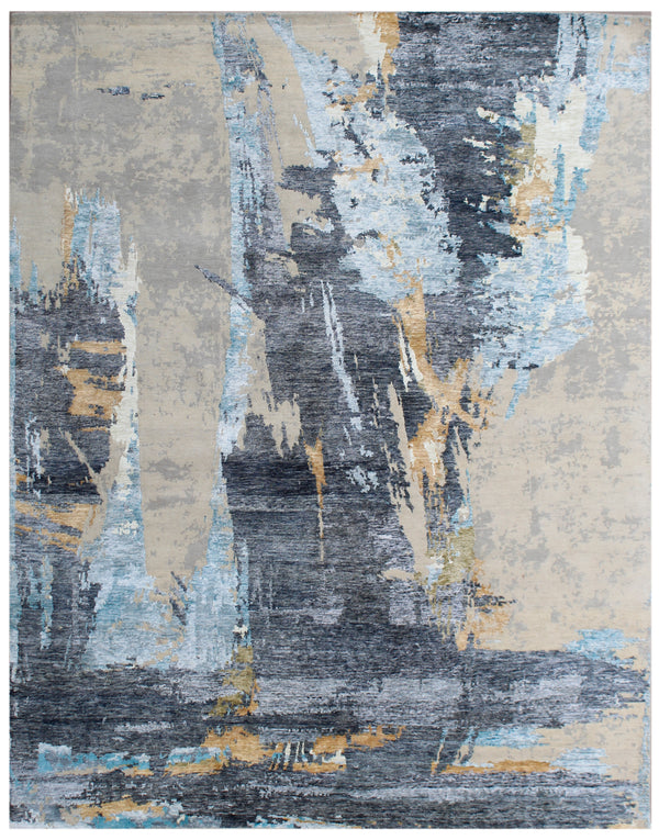 Grey Turquoise Abstract Hand Knotted Rug