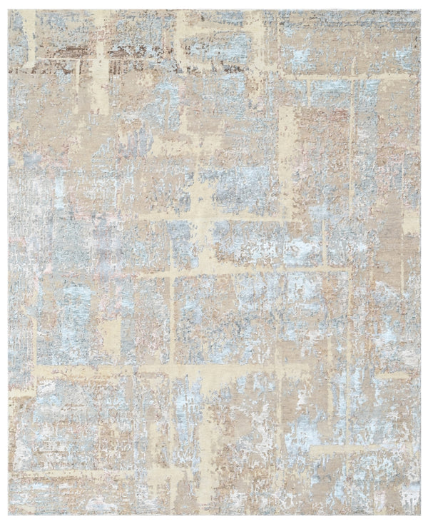 Peach Blue Abstract Hand Knotted Wool Bamboo Silk Rug
