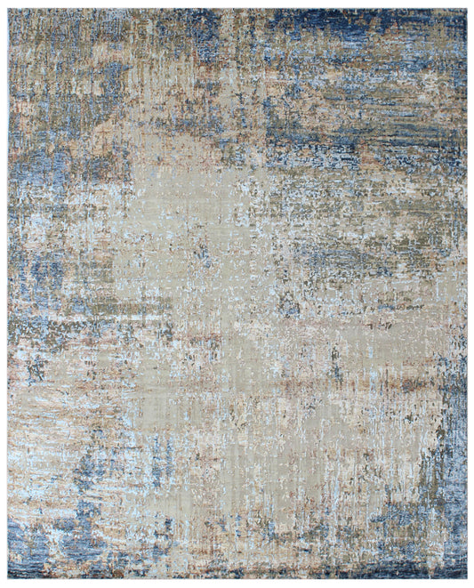 Beige Blue Abtract Bamboo Silk & Wool Rug