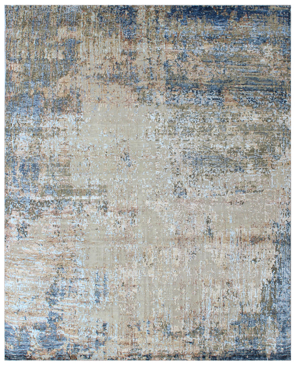 Beige Blue Abtract Bamboo Silk & Wool Rug