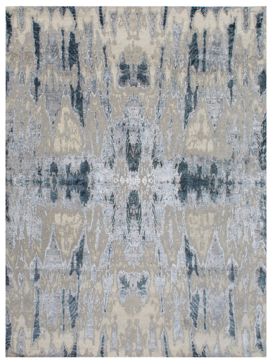 Ivory Blue Hand Knotted Bamboo Silk Wool Rug