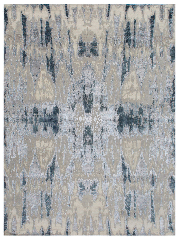 Ivory Blue Hand Knotted Bamboo Silk Wool Rug
