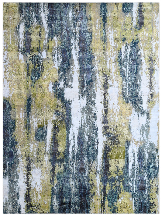 Abstract Blue Green Hand Knotted Area Rug