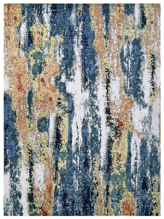 Abstract Blue Rust Hand Knotted Area Rug
