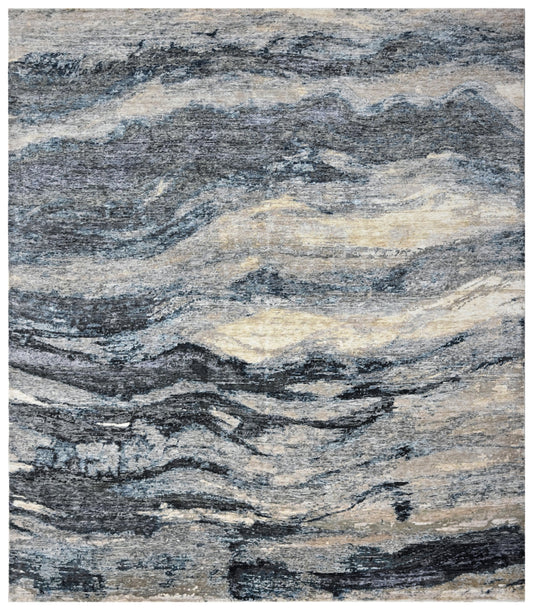 Silver Blue Abstract Hand Knotted Modern Area Rug