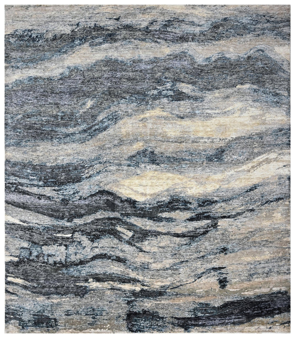 Silver Blue Abstract Hand Knotted Modern Area Rug