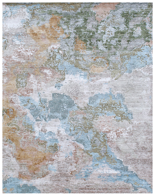 Beige Green Bamboo Silk Abstract Hand Knotted Rug