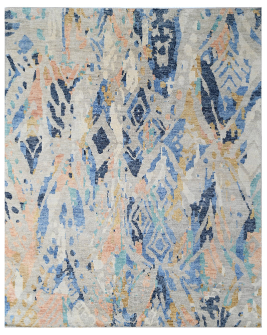 Taupe Multi Abstract Ikat Hand Knotted Wool Rug