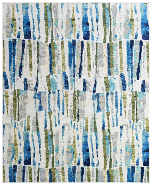 Silver Blue Linear Abstract Hand Knotted Wool Rug
