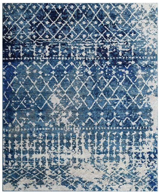 Blue Distressed Geometric Hand Knotted Wool Rug