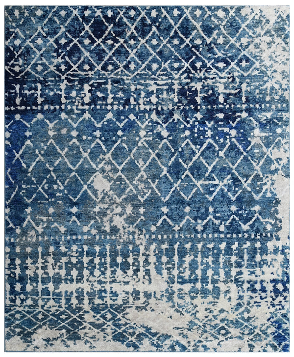 Blue Distressed Geometric Hand Knotted Wool Rug