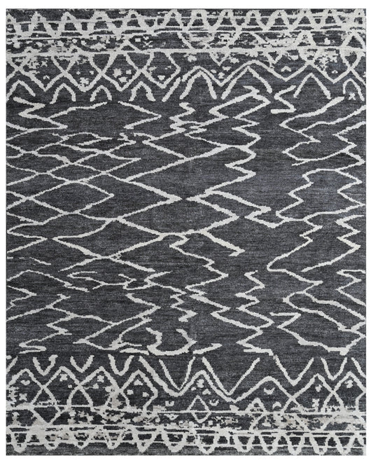 Charcoal Grey Tribal Geometric Hand Knotted Wool Rug