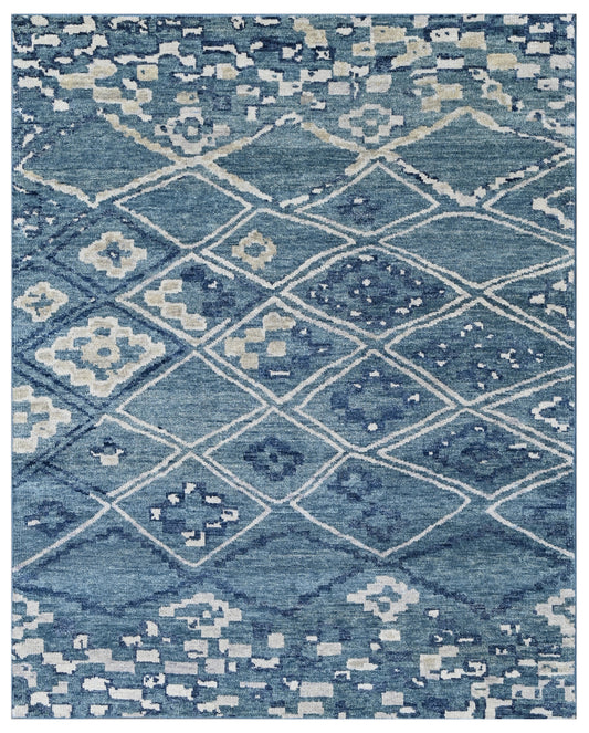 Blue Silver Geometric Diamond Hand Knotted Wool Rug