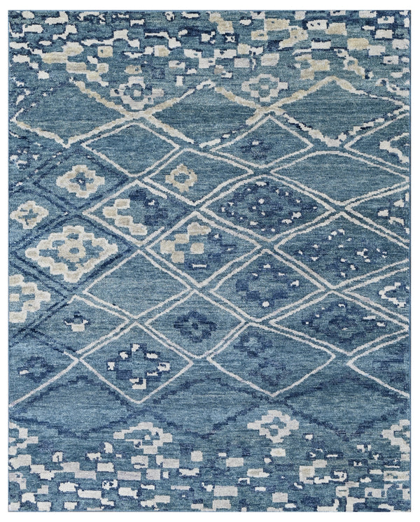 Blue Silver Geometric Diamond Hand Knotted Wool Rug