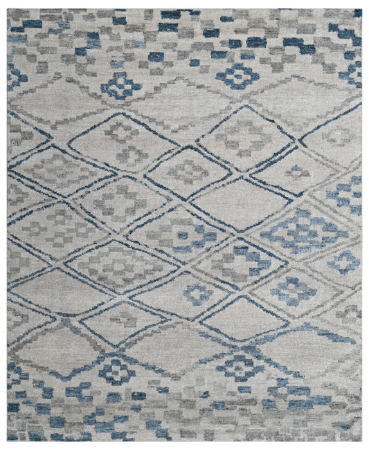 Ivory Blue Geometric Diamond Hand Knotted Wool Rug