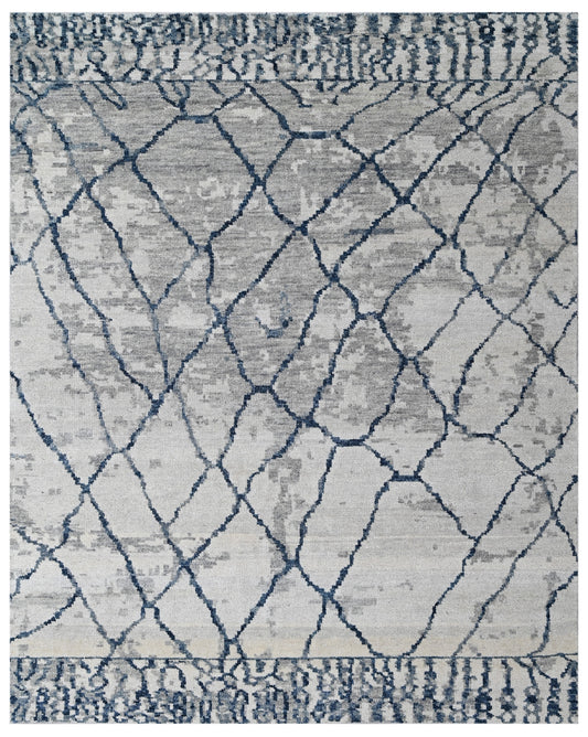 Silver Blue Distressed Moroccan Hand Knotted Wool Rug