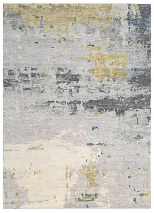 Grey White Abstract Contemporary Hand Knotted Wool Rug