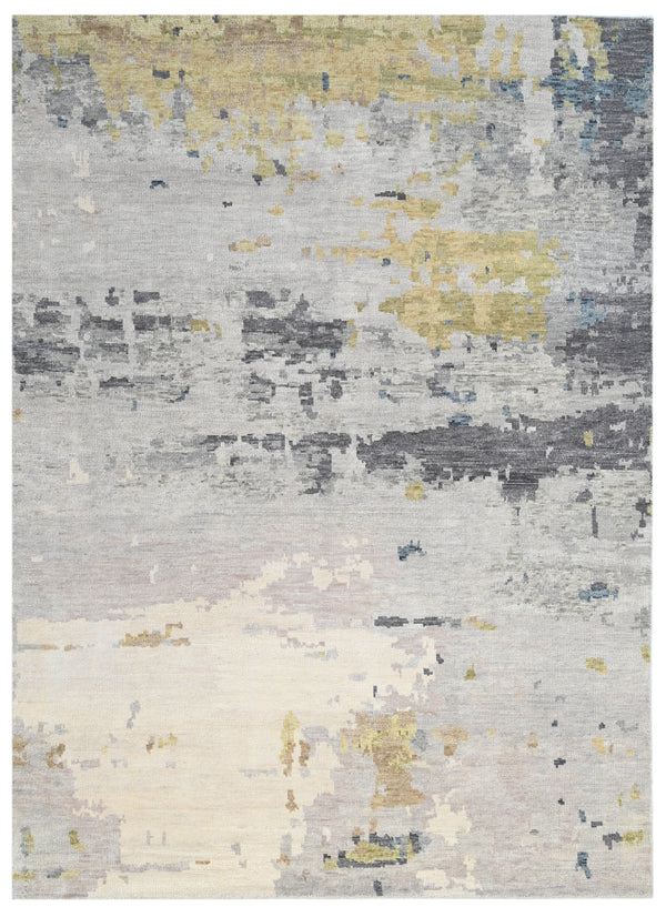Grey White Abstract Contemporary Hand Knotted Wool Rug