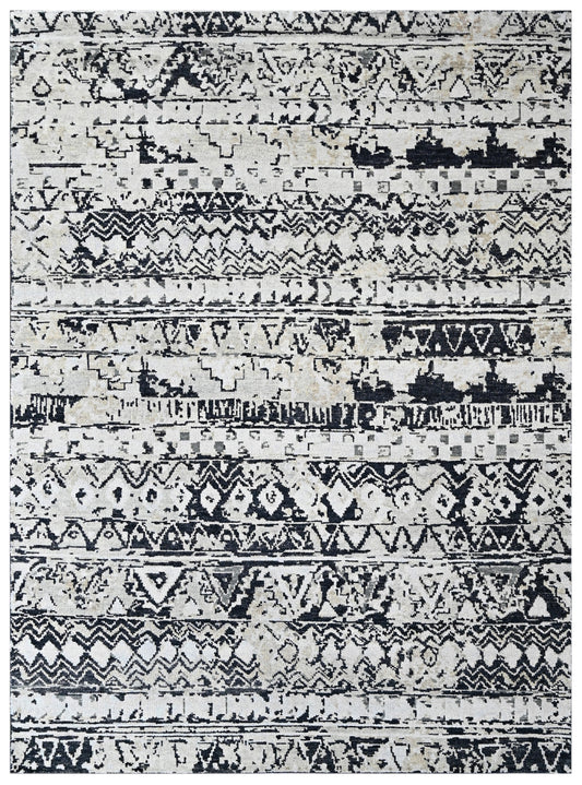 Charcoal Distressed Tribal Geometric Hand Knotted Wool Rug