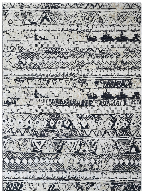 Charcoal Distressed Tribal Geometric Hand Knotted Wool Rug