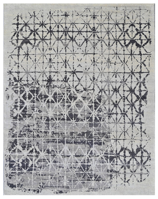 White Grey Distressed Lattice Hand Knotted Wool Rug