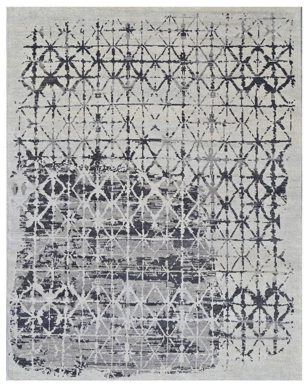 White Grey Distressed Lattice Hand Knotted Wool Rug