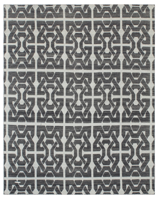 Charcoal Beige Geometric Hand Woven Wool Dhurrie