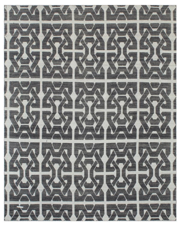 Charcoal Beige Geometric Hand Woven Wool Dhurrie