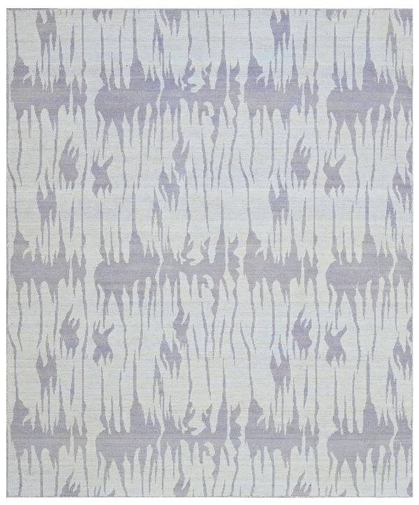 Beige Lilac Abstract Ikat Hand Woven Wool Dhurrie