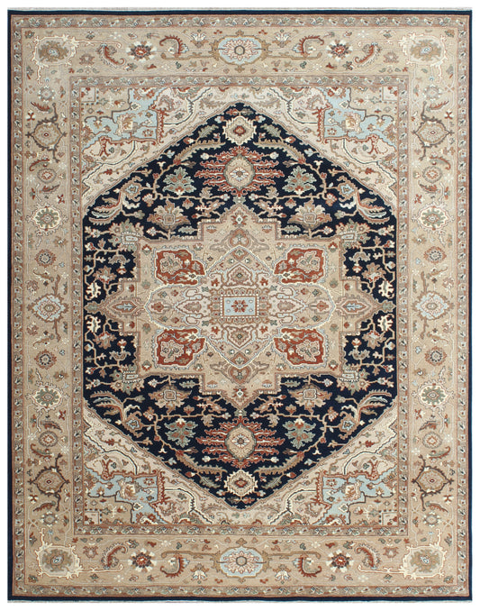 Navy Beige Serapi Traditional Hand Knotted Wool Rug