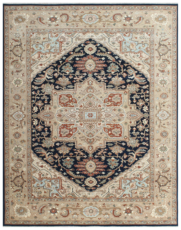 Navy Beige Serapi Traditional Hand Knotted Wool Rug