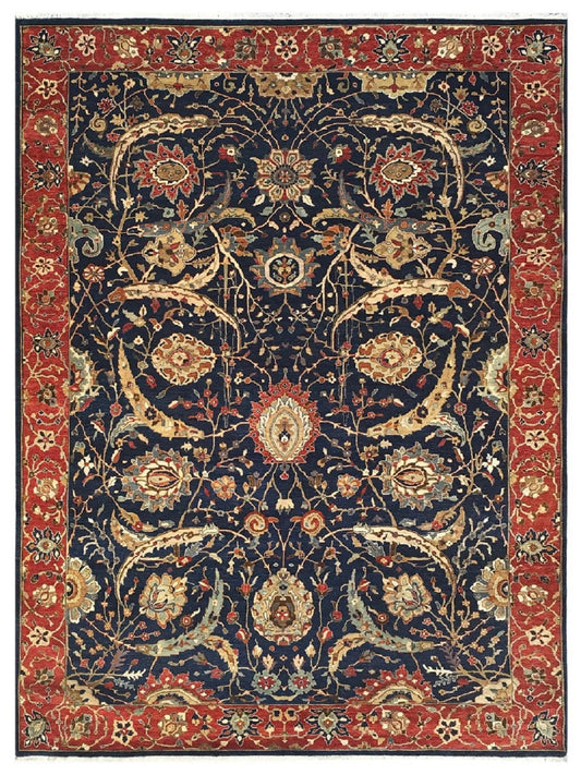 Navy Red Traditional Hand Knotted Wool Rug