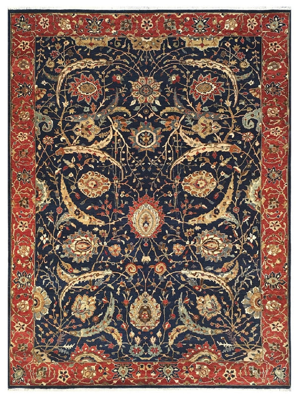 Navy Red Traditional Hand Knotted Wool Rug