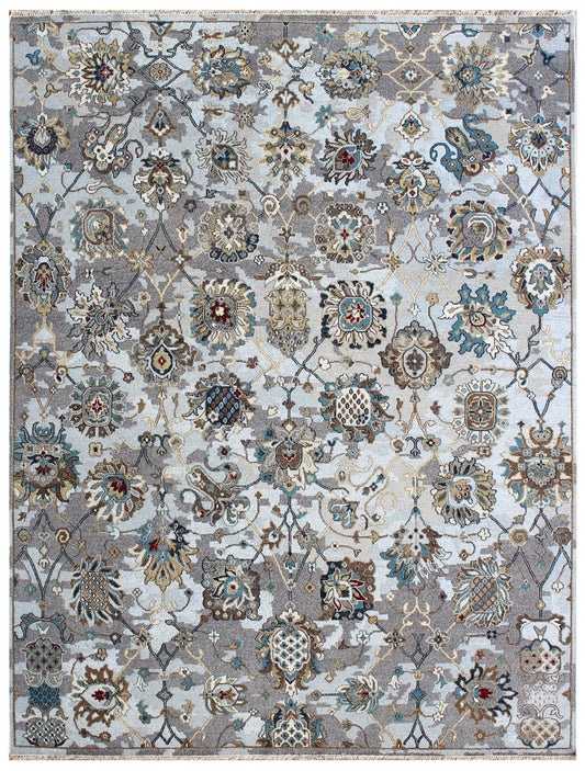Silver Grey Distressed Floral Hand Knotted Wool Rug