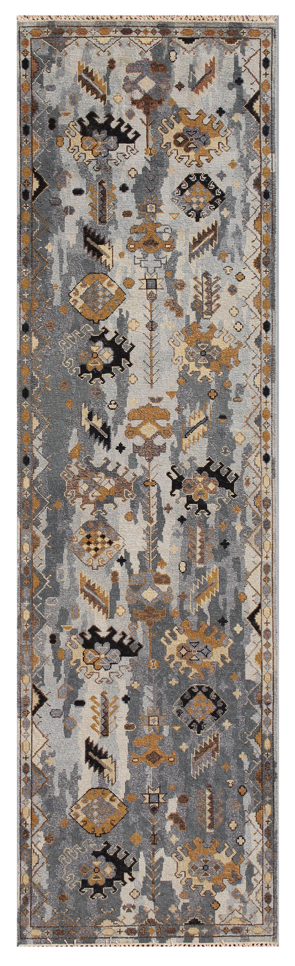 Blue Gold Traditional Hand Knotted Wool Runner Rug